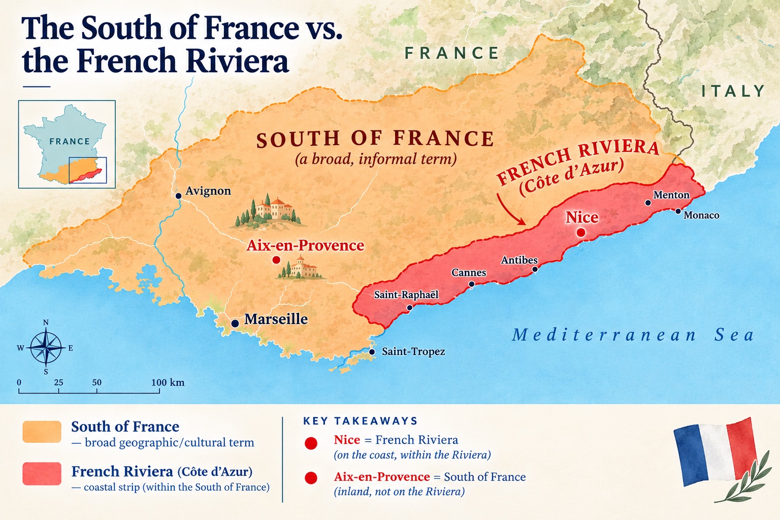 Map of the South of France vs. the French Riviera, showing Nice on the coast and Aix-en-Provence inland, by Aimee Xu