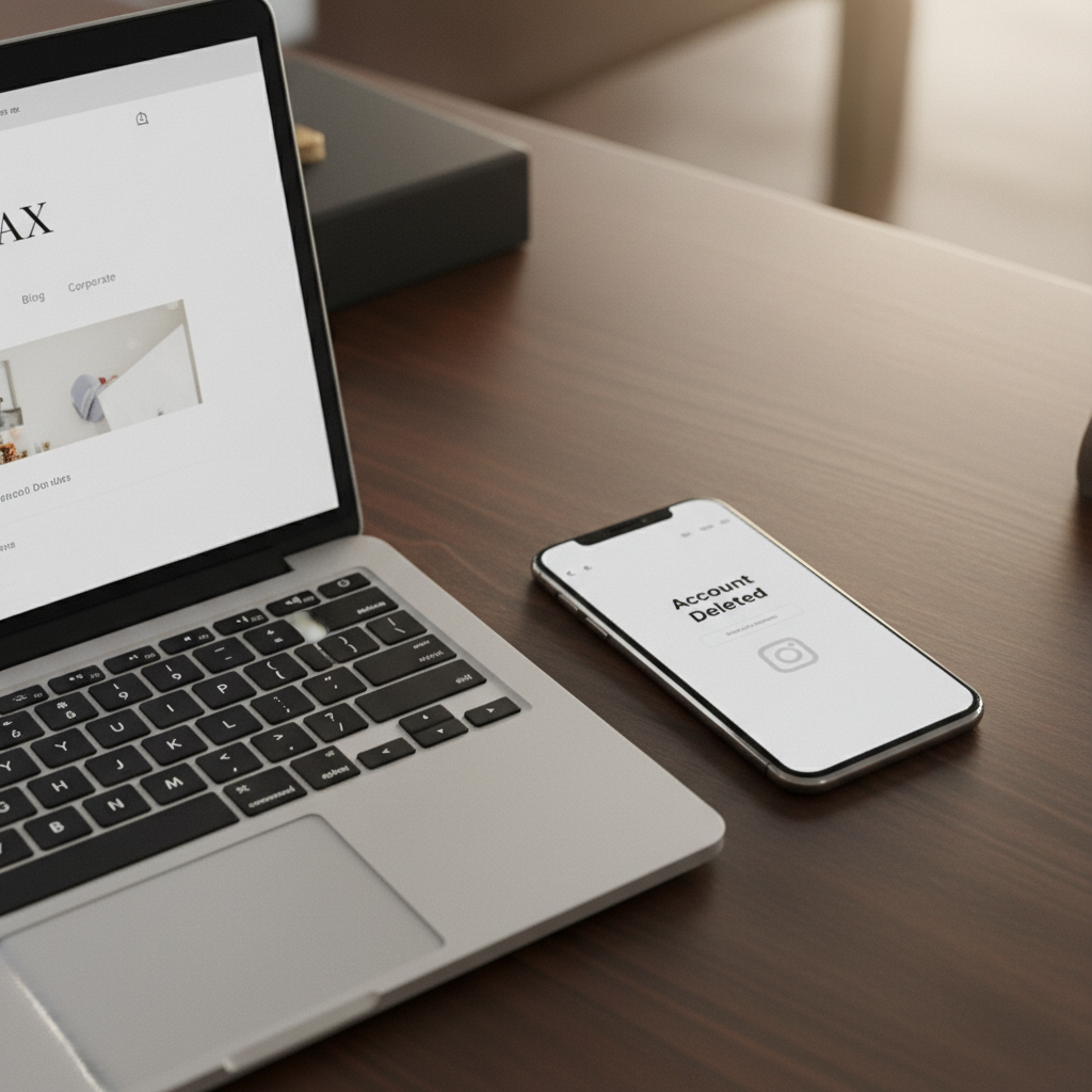 A modern smartphone lies face-up on a dark walnut desk, its screen showing a stark white “Account Deleted” confirmation page with a small, muted Instagram-style icon faded into the background. Next to it, a slim silver laptop is open to a clean, elegant blog dashboard titled “AX” with distinct sections labeled Arts, Blog, and Corporate. Warm afternoon light from the right washes across the desk, making the phone screen glow subtly and the laptop keys glint. Photographic realism with a three-quarter overhead angle and shallow depth of field emphasizes the contrast between the noisy social feed and the calm, custom-built site, creating a reflective, empowered atmosphere.