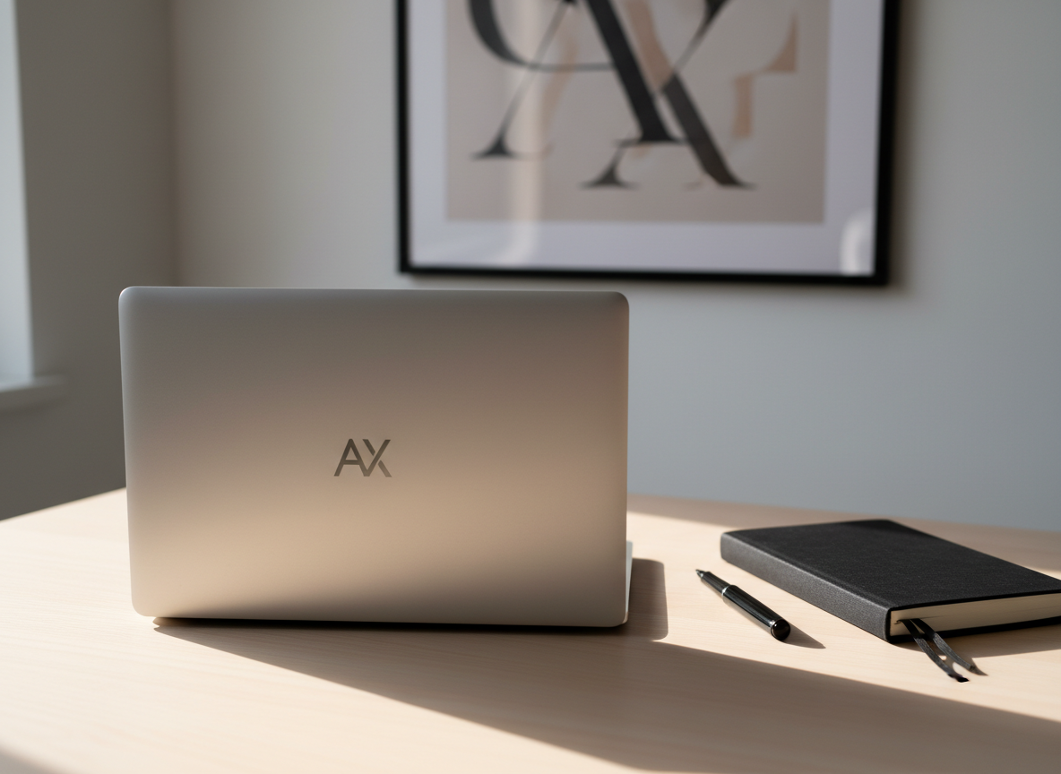 A sleek, closed silver laptop with a minimalist “AX” logo etched into the lid sits centered on a clean, pale wood desk. Beside it lies a single black hardcover notebook with a cloth spine and a fine-line pen, angled neatly. Behind, an uncluttered white wall features a subtle abstract print hinting at letterforms and geometric shapes. Soft morning window light from the left creates gentle reflections on the laptop’s brushed metal surface and crisp shadows along the notebook’s edges. Shot at eye level with photographic realism and a shallow depth of field, the foreground is in sharp focus while the background softly blurs, conveying a calm, professional workspace where arts, blogs, and corporate musings quietly intersect.