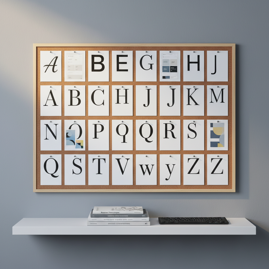 A tidy cork inspiration board mounted on a cool gray wall features neatly pinned index cards, each bearing a bold letter from A to Z in different typographic styles, from playful brush script to rigid sans serif. Interspersed are small printed screenshots of minimalist web layouts and abstract art fragments. Below, a slim white floating shelf holds a stack of art books and a single matte-black wireless keyboard. Soft, indirect daylight from an unseen nearby window creates a gentle gradient across the wall and subtle shadows under the shelf. Photographic realism, shot straight-on with sharp focus, gives the scene a composed, professional mood, evoking a personal corner of the internet thoughtfully curated around the ABCs of expression.