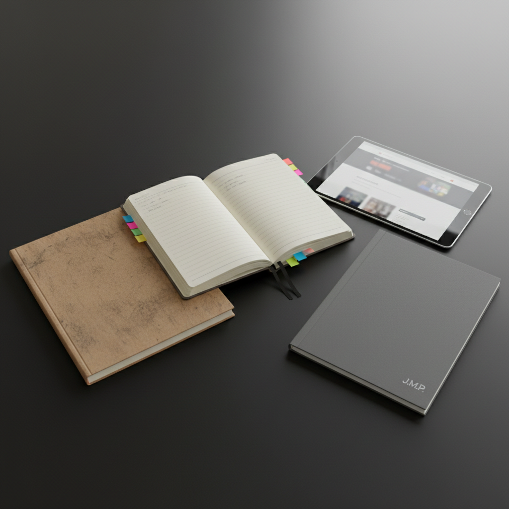 Three distinct notebooks—one kraft-paper sketchbook speckled with graphite smudges, one lined journal with color-coded sticky flags, and one charcoal-gray corporate pad stamped with a discreet monogram—are fanned out on a matte black table. A slim tablet rests nearby, its screen displaying a blurred interface of a clean personal website. Overhead, diffused studio lighting casts even, soft illumination, creating subtle highlights on the paper textures and a faint reflection on the tablet glass. Shot from a slightly elevated angle with photographic realism and balanced composition, the image feels organized yet creative, capturing the blend of arts, blogging, and corporate thinking in a polished, modern atmosphere.